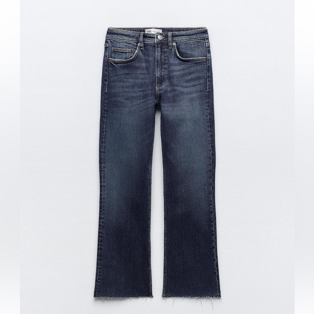 Zara Mid Rise Flare Cropped Cut Hem Medium Blue